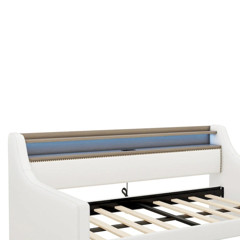 Lit de jour rembourré deux places avec rangement et éclairage LED