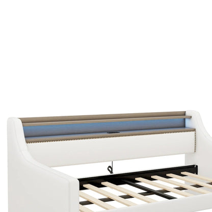 Lit de jour rembourré deux places avec rangement et éclairage LED