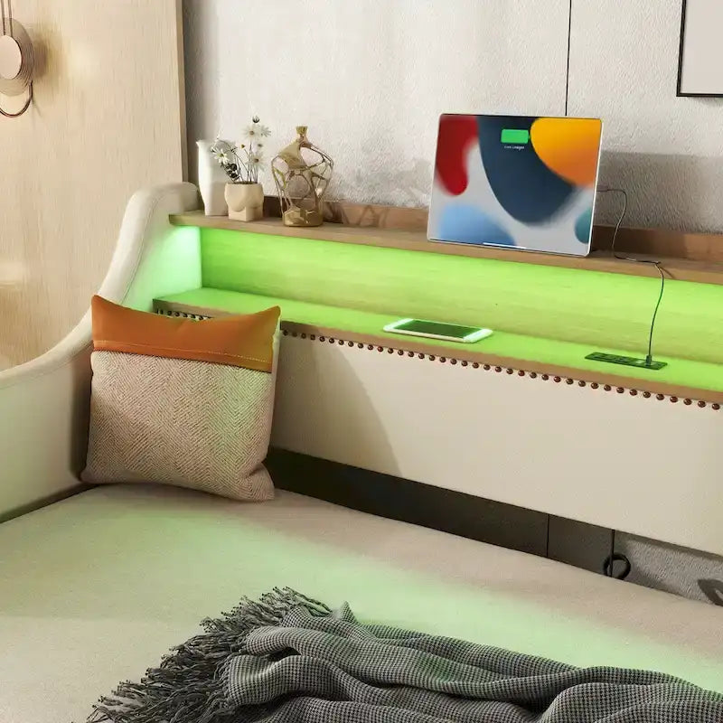 Lit de jour rembourré deux places avec lit gigogne et éclairage LED