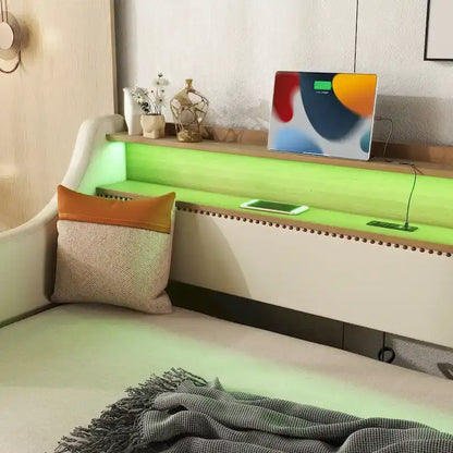 Lit de jour rembourré deux places avec lit gigogne et éclairage LED