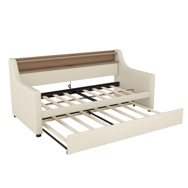 Lit de jour rembourré deux places avec lit gigogne et éclairage LED