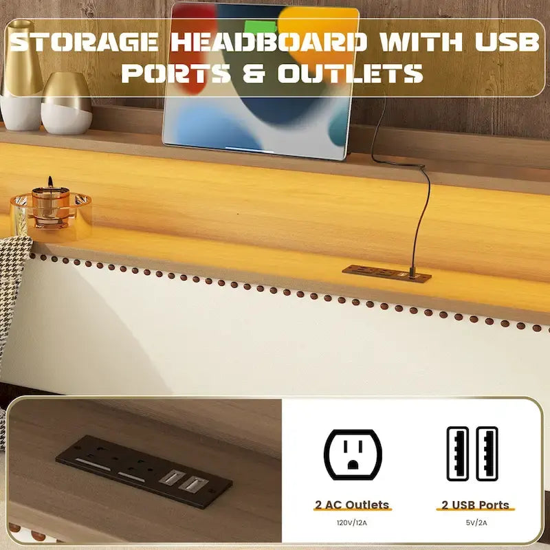 Lit de jour rembourré deux places avec lit gigogne et éclairage LED