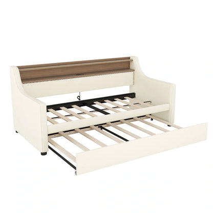 Lit de jour rembourré deux places avec lit gigogne et éclairage LED