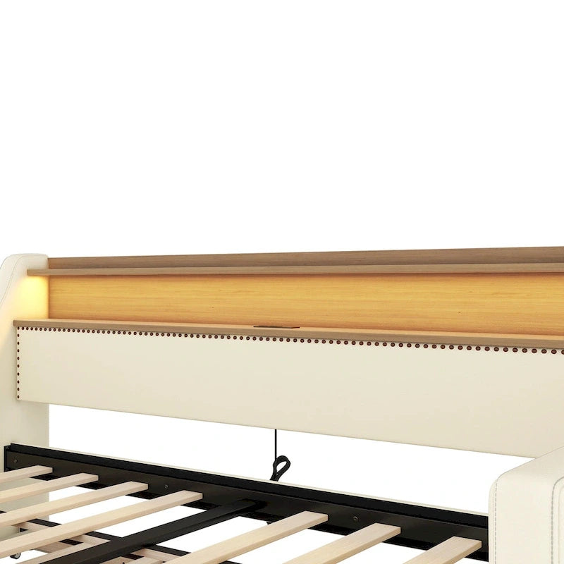 Lit de jour rembourré deux places avec lit gigogne et éclairage LED