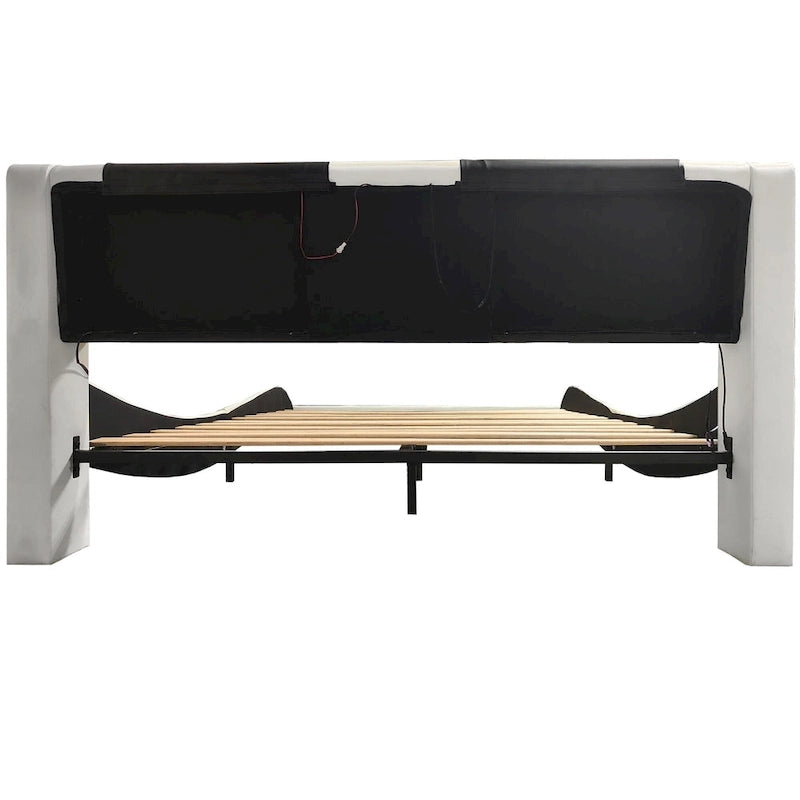 Lit plateforme rembourré en similicuir avec éclairage LED et sommier à lattes en bois