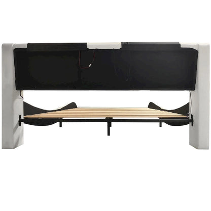 Lit plateforme rembourré en similicuir avec éclairage LED et sommier à lattes en bois