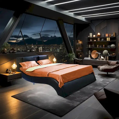 Lit plateforme rembourré en similicuir avec éclairage LED et sommier à lattes en bois