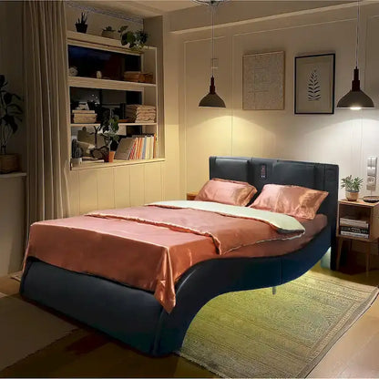 Lit plateforme rembourré en similicuir avec éclairage LED et sommier à lattes en bois