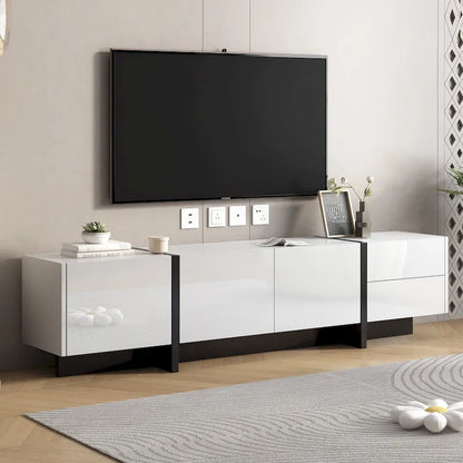 Meuble TV blanc 74 pouces avec finition laquée brillante et rangement pour téléviseurs jusqu'à 80 pouces