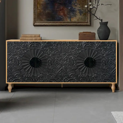 Meuble TV d'appoint 62,99 € avec porte à motifs sculptés, étagère de rangement et pieds en bois massif pour salon