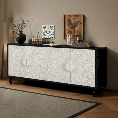 Meuble TV d'appoint 62,99 € avec porte à motifs sculptés, étagère de rangement et pieds en bois massif pour salon