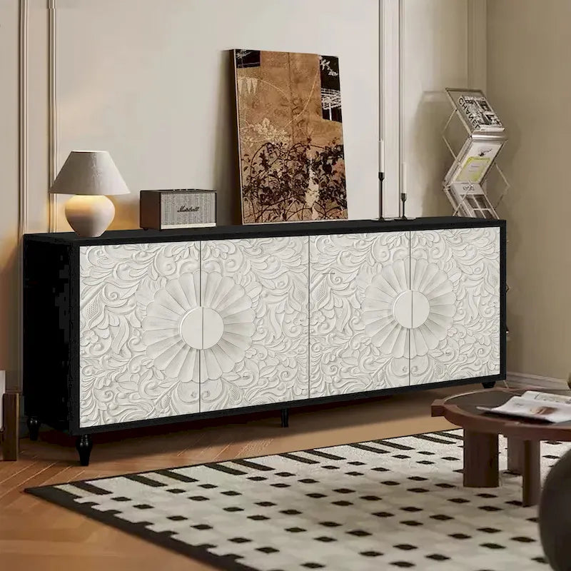 Meuble TV d'appoint 62,99 € avec porte à motifs sculptés, étagère de rangement et pieds en bois massif pour salon