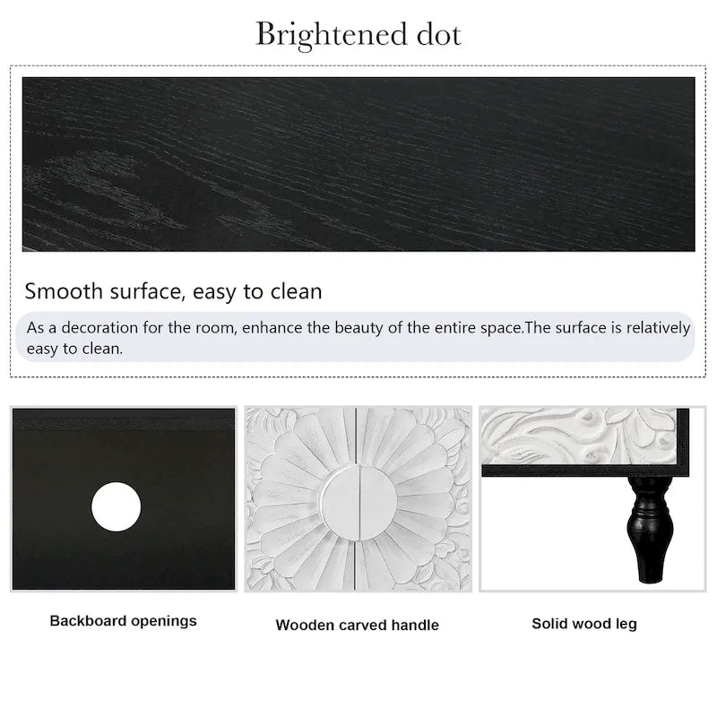 Meuble TV d'appoint 62,99 € avec porte à motifs sculptés, étagère de rangement et pieds en bois massif pour salon