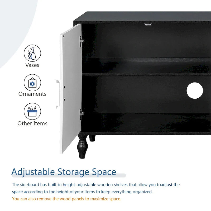 Meuble TV d'appoint 62,99 € avec porte à motifs sculptés, étagère de rangement et pieds en bois massif pour salon