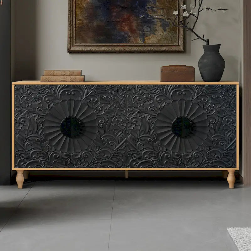 Meuble TV d'appoint 62,99 € avec porte à motifs sculptés, étagère de rangement et pieds en bois massif pour salon