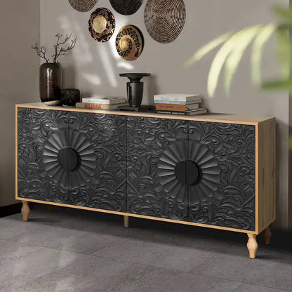 Meuble TV d'appoint 62,99 € avec porte à motifs sculptés, étagère de rangement et pieds en bois massif pour salon