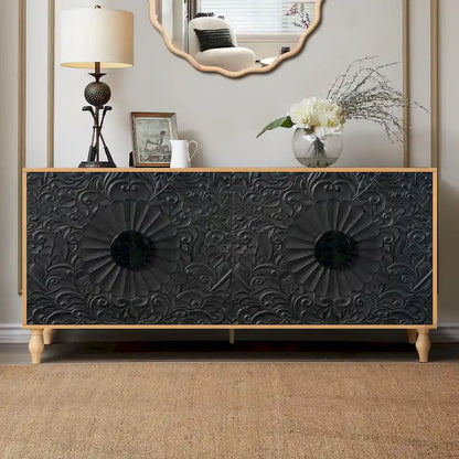 Meuble TV d'appoint 62,99 € avec porte à motifs sculptés, étagère de rangement et pieds en bois massif pour salon