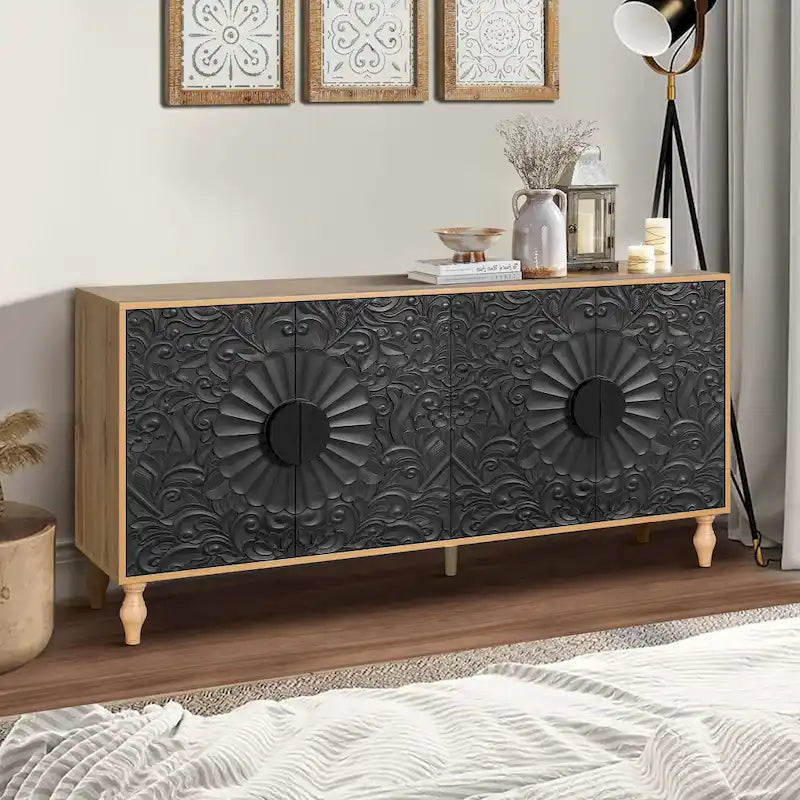 Meuble TV d'appoint 62,99 € avec porte à motifs sculptés, étagère de rangement et pieds en bois massif pour salon