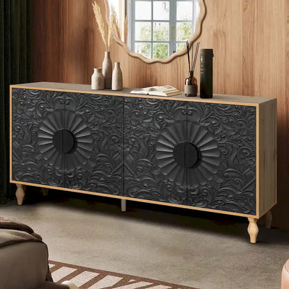 Meuble TV d'appoint 62,99 € avec porte à motifs sculptés, étagère de rangement et pieds en bois massif pour salon