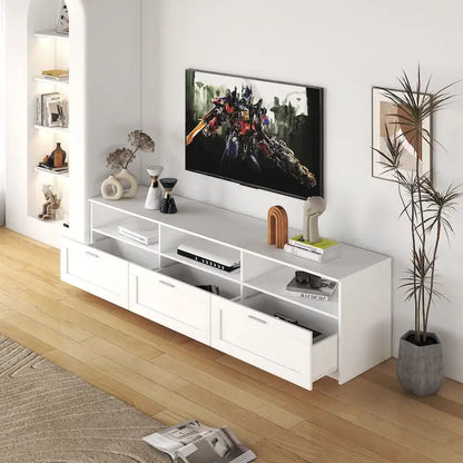 Meuble TV blanc 70 pouces avec rangement ouvert et tiroirs pour salon