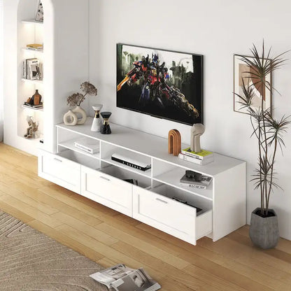 White 70 TV Stand with Open Storage & Drawers for Living Room