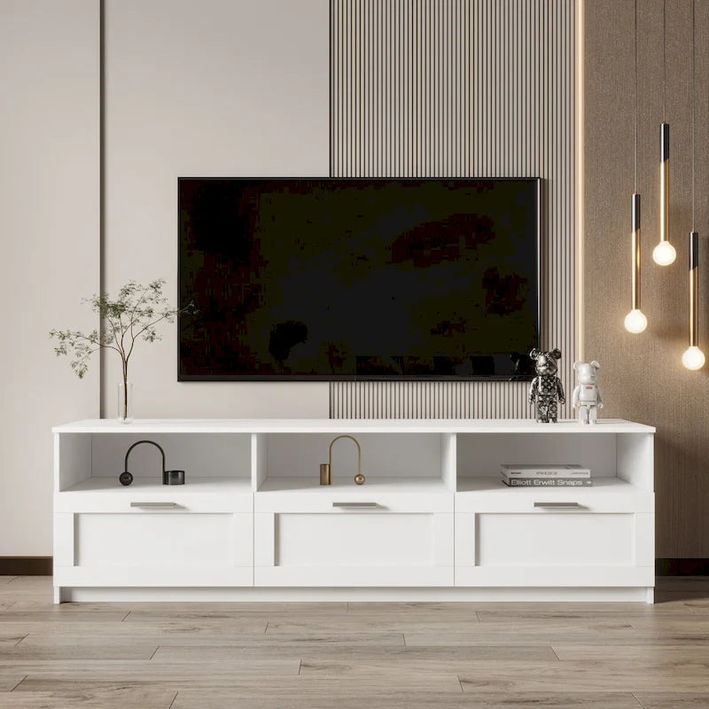 Meuble TV blanc 70 pouces avec rangement ouvert et tiroirs pour salon