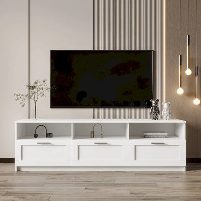 Meuble TV blanc 70 pouces avec rangement ouvert et tiroirs pour salon
