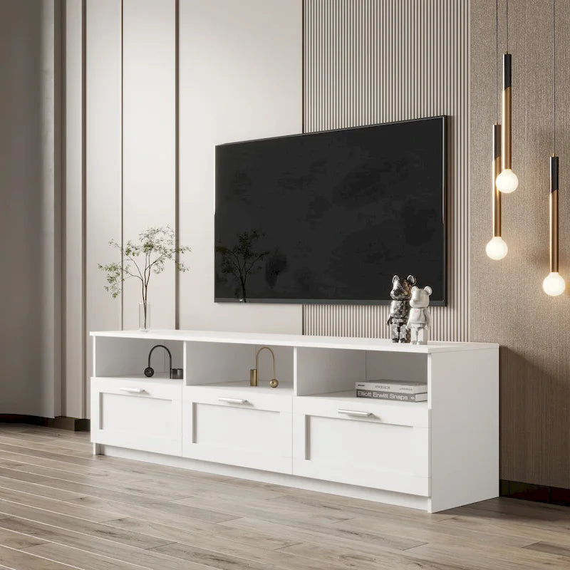 Meuble TV blanc 70 pouces avec rangement ouvert et tiroirs pour salon