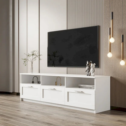 Meuble TV blanc 70 pouces avec rangement ouvert et tiroirs pour salon