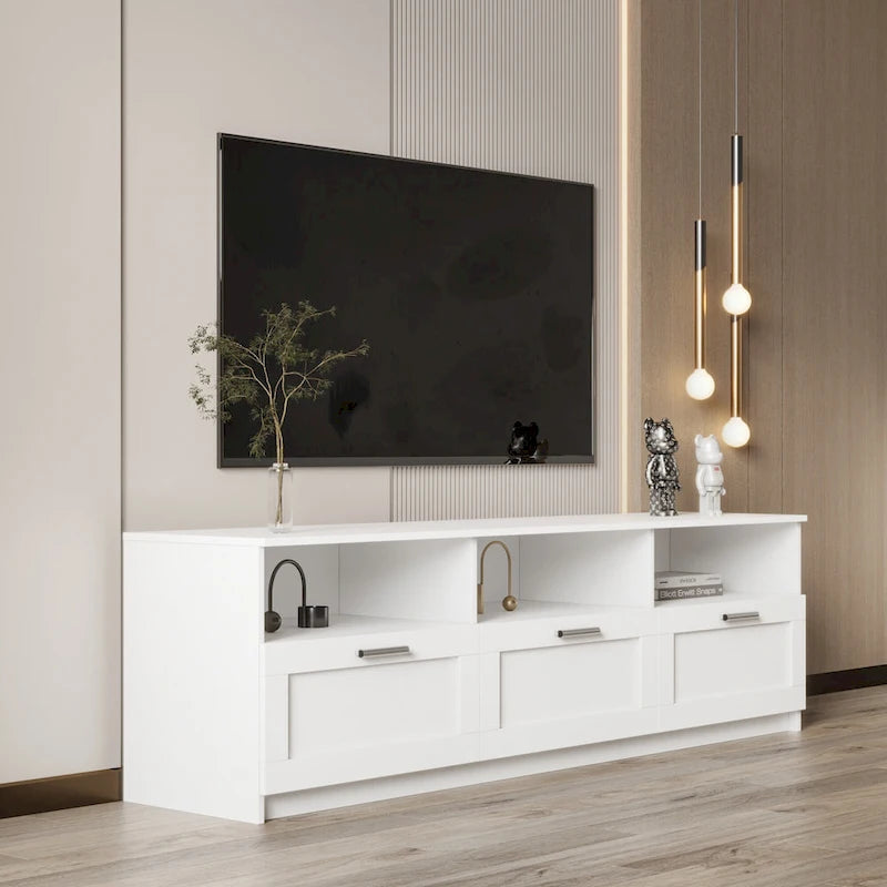 Meuble TV blanc 70 pouces avec rangement ouvert et tiroirs pour salon