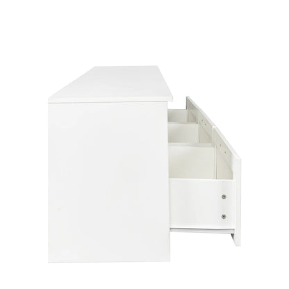 Meuble TV blanc 70 pouces avec rangement ouvert et tiroirs pour salon