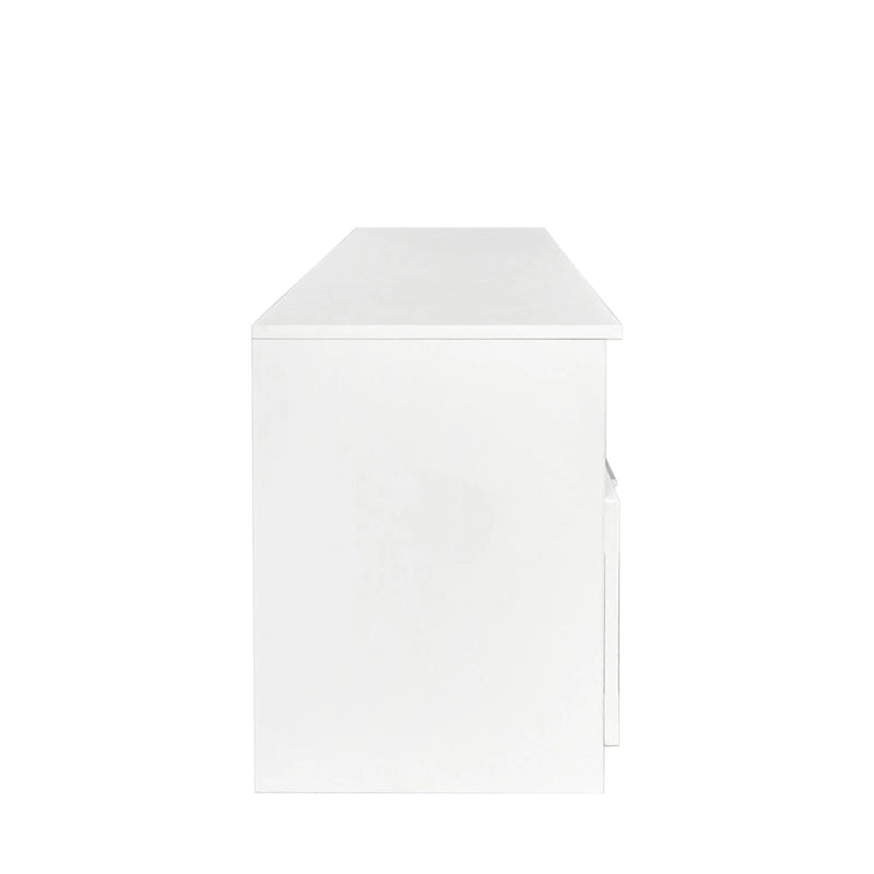 Meuble TV blanc 70 pouces avec rangement ouvert et tiroirs pour salon