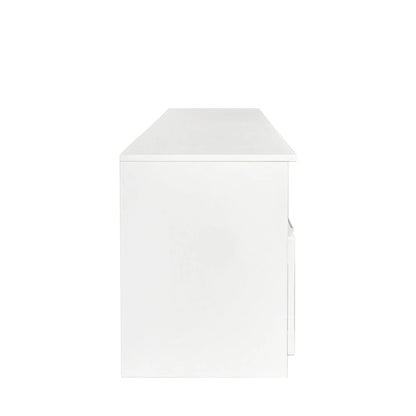 Meuble TV blanc 70 pouces avec rangement ouvert et tiroirs pour salon