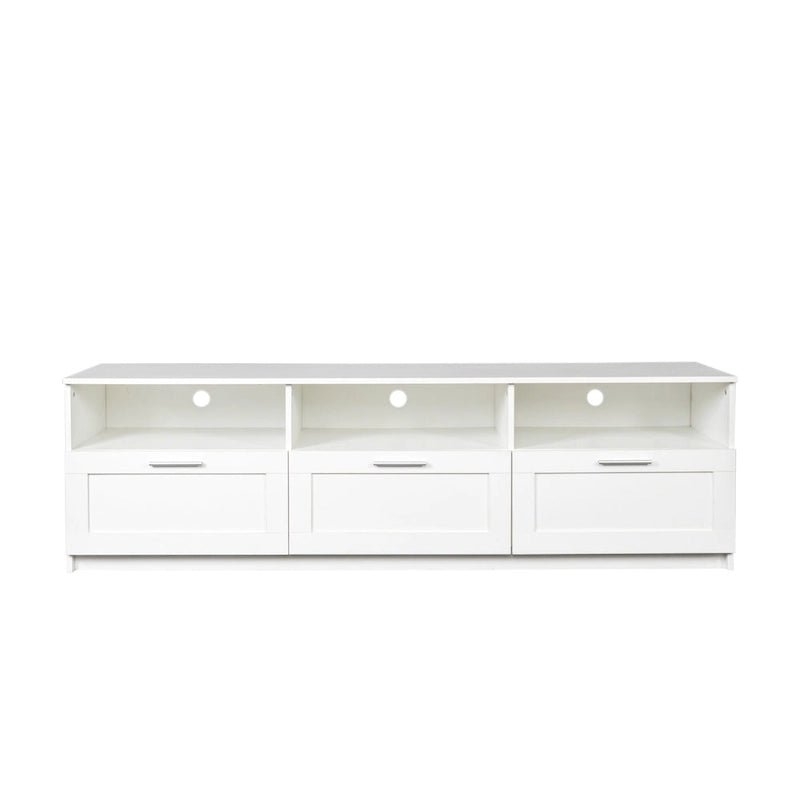 Meuble TV blanc 70 pouces avec rangement ouvert et tiroirs pour salon