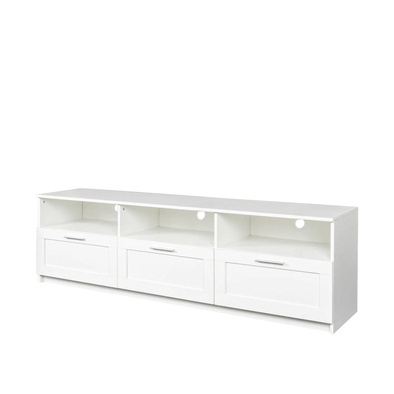 Meuble TV blanc 70 pouces avec rangement ouvert et tiroirs pour salon