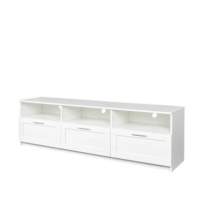 Meuble TV blanc 70 pouces avec rangement ouvert et tiroirs pour salon