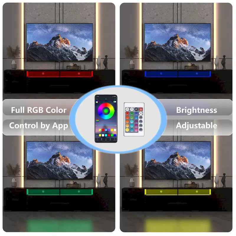 Meuble TV noir 83 pouces avec éclairage RGB et rangement pour téléviseurs jusqu'à 80 pouces.