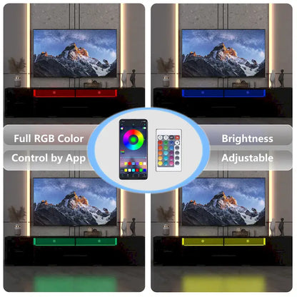 Meuble TV noir 83 pouces avec éclairage RGB et rangement pour téléviseurs jusqu'à 80 pouces.