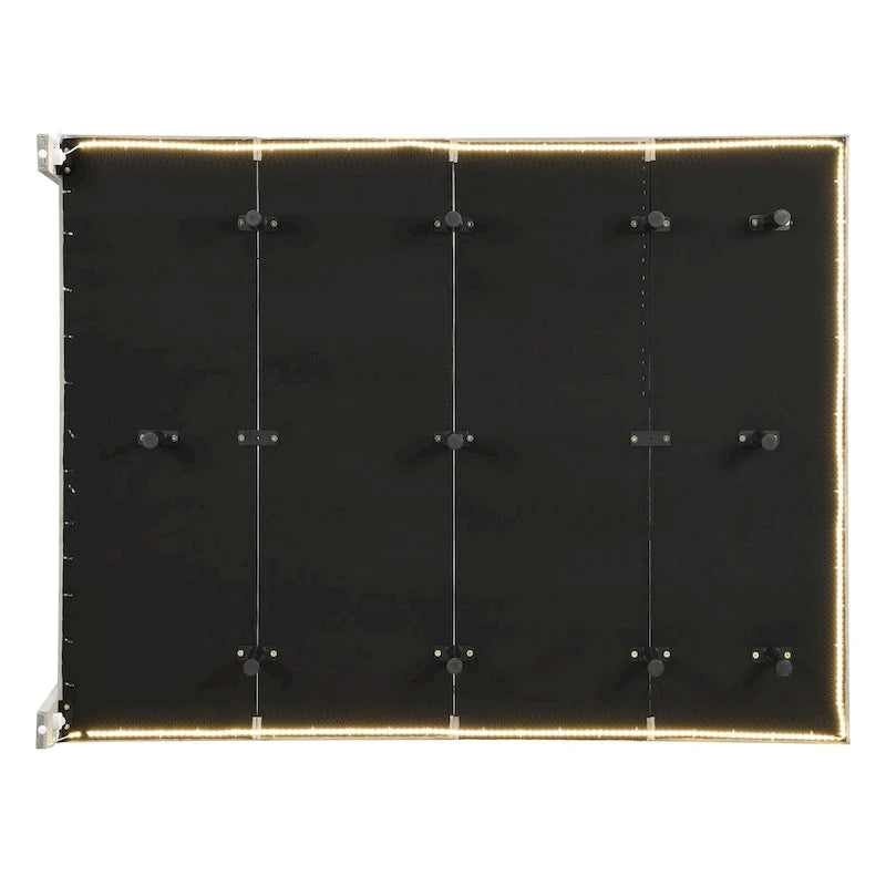 Lit Queen Size gris en velours capitonné avec éclairage à détecteur de mouvement, plateforme suspendue et tête de lit.