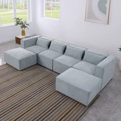 Canapé d'angle modulaire en forme de U, 6 pièces, revêtu de chenille, avec 2 poufs amovibles et une conception à combinaisons libres
