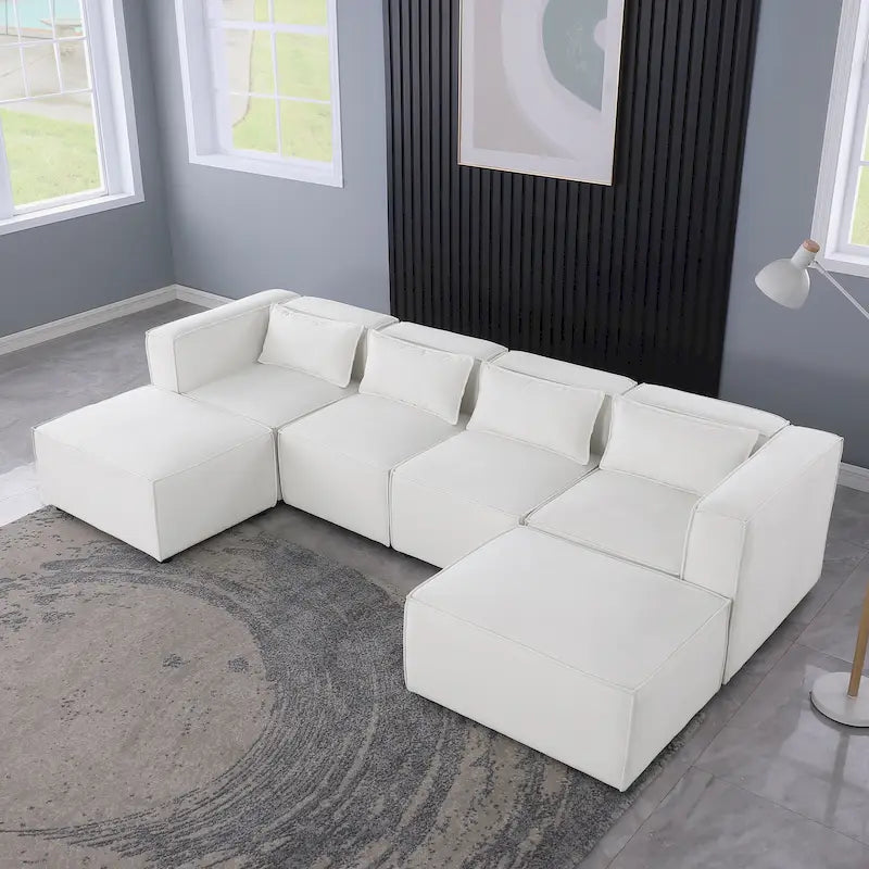 Canapé d'angle modulaire en forme de U, 6 pièces, revêtu de chenille, avec 2 poufs amovibles et une conception à combinaisons libres