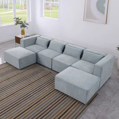 6-Piece Chenille Upholstered U-Shaped Modular Sectional Sofa with 2 Removable Ottoman and Free Combination Design