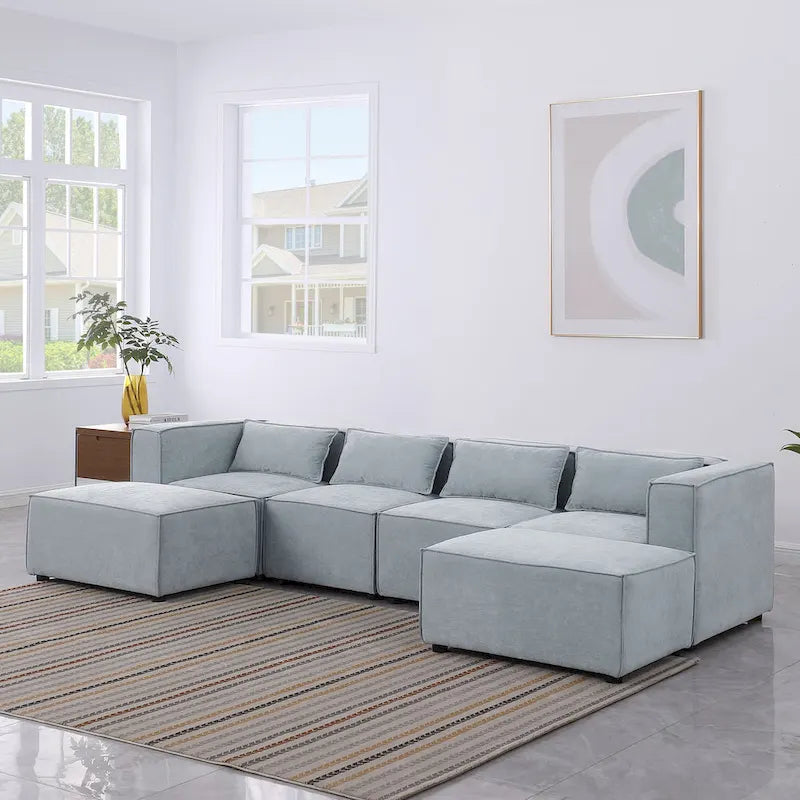 Canapé d'angle modulaire en forme de U, 6 pièces, revêtu de chenille, avec 2 poufs amovibles et une conception à combinaisons libres