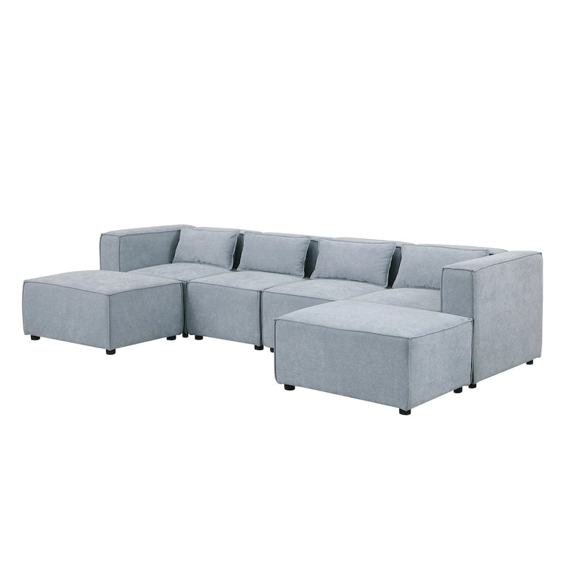 Canapé d'angle modulaire en forme de U, 6 pièces, revêtu de chenille, avec 2 poufs amovibles et une conception à combinaisons libres