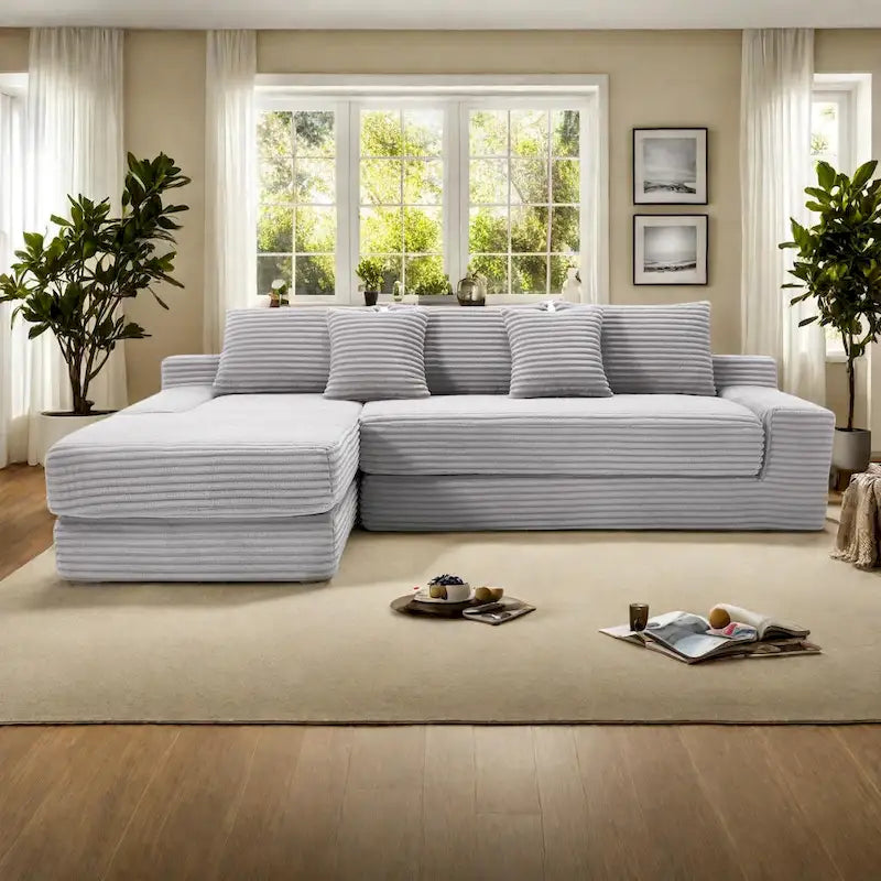L-Shaped Light Corduroy Sectional Couch with Memory Foam, Steel Frame, and No Assembly Required, Convertible Sofa Bed