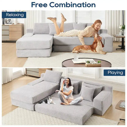 Canapé d'angle en velours côtelé clair en forme de L avec mousse à mémoire de forme, structure en acier, aucun assemblage requis, canapé-lit convertible