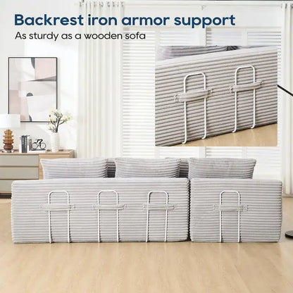 Canapé d'angle en velours côtelé clair en forme de L avec mousse à mémoire de forme, structure en acier, aucun assemblage requis, canapé-lit convertible