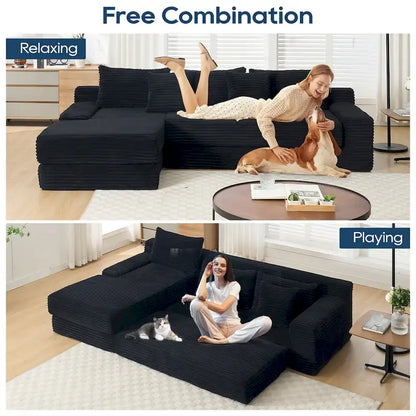 Canapé d'angle en velours côtelé clair en forme de L avec mousse à mémoire de forme, structure en acier, aucun assemblage requis, canapé-lit convertible