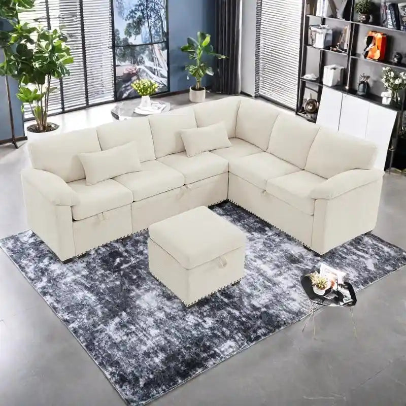 97 Chenille L-Shaped Sectional Sofa with Storage Ottoman, 7 Seats & 2 Pillows - Convertible Sleeper Sofa
