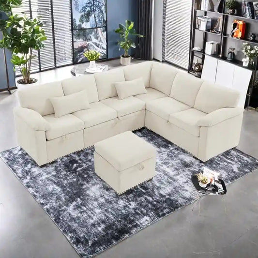 97 Chenille L-Shaped Sectional Sofa with Storage Ottoman, 7 Seats & 2 Pillows - Convertible Sleeper Sofa